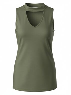 Sleeveless V-Neck Mock Collar Tank Top - Olive Medium